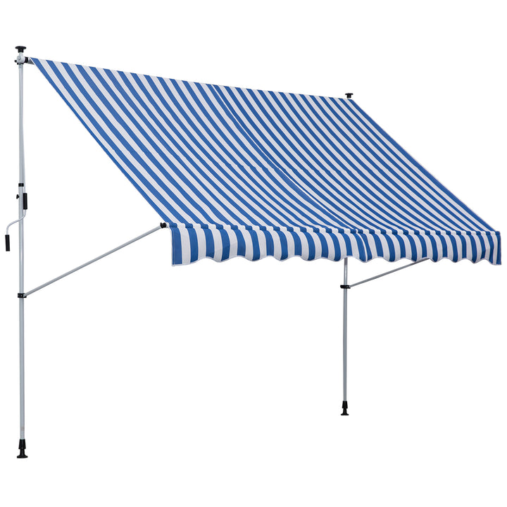 Klemmemarkise med håndsving, højdejusterbar, leddelt armmarkise, smudsafvisende, vejrbestandig, balkonmarkise, 150 cm bred, terrassemarkise til terrasse, altan, veranda, blå og hvid