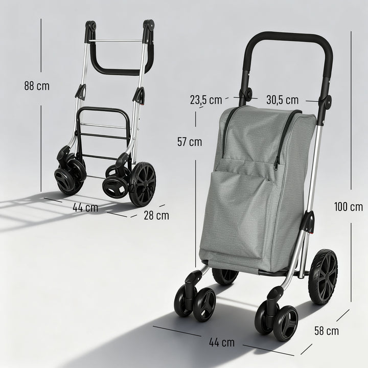 Indkøbsvogn, 46-liters taske, foldbar indkøbsvogn med køletaske, justerbart håndtag, aluminiumsramme, grå