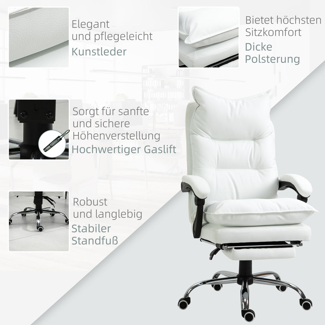 Kontorstol med lænefunktion, ergonomisk højdejusterbar med fodstøtte, polstret, bæreevne op til 135 kg, 66 x 72 x 122-130 cm, hvid