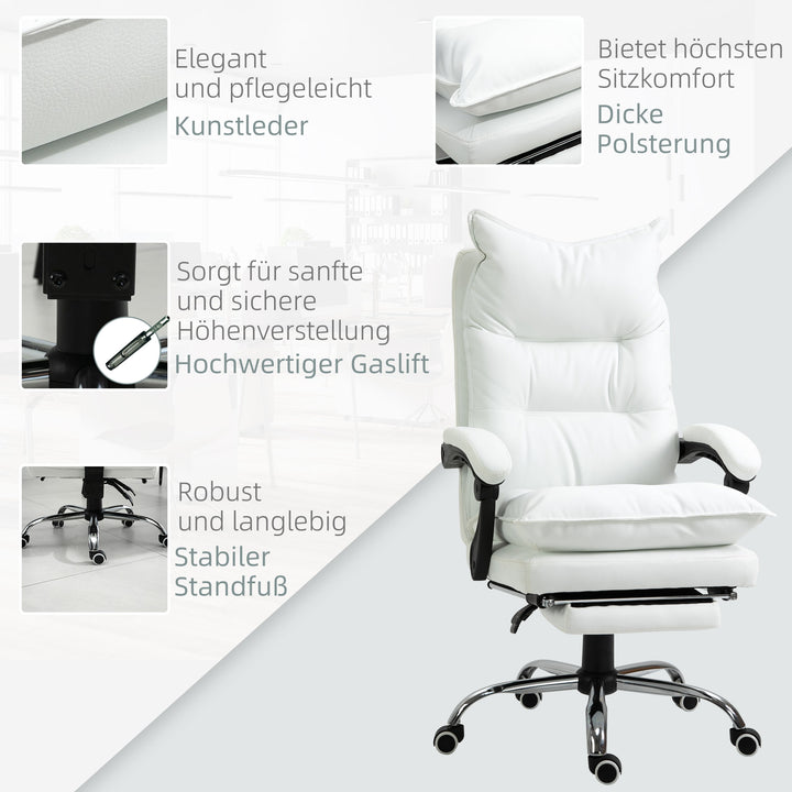 Kontorstol med lænefunktion, ergonomisk højdejusterbar med fodstøtte, polstret, bæreevne op til 135 kg, 66 x 72 x 122-130 cm, hvid