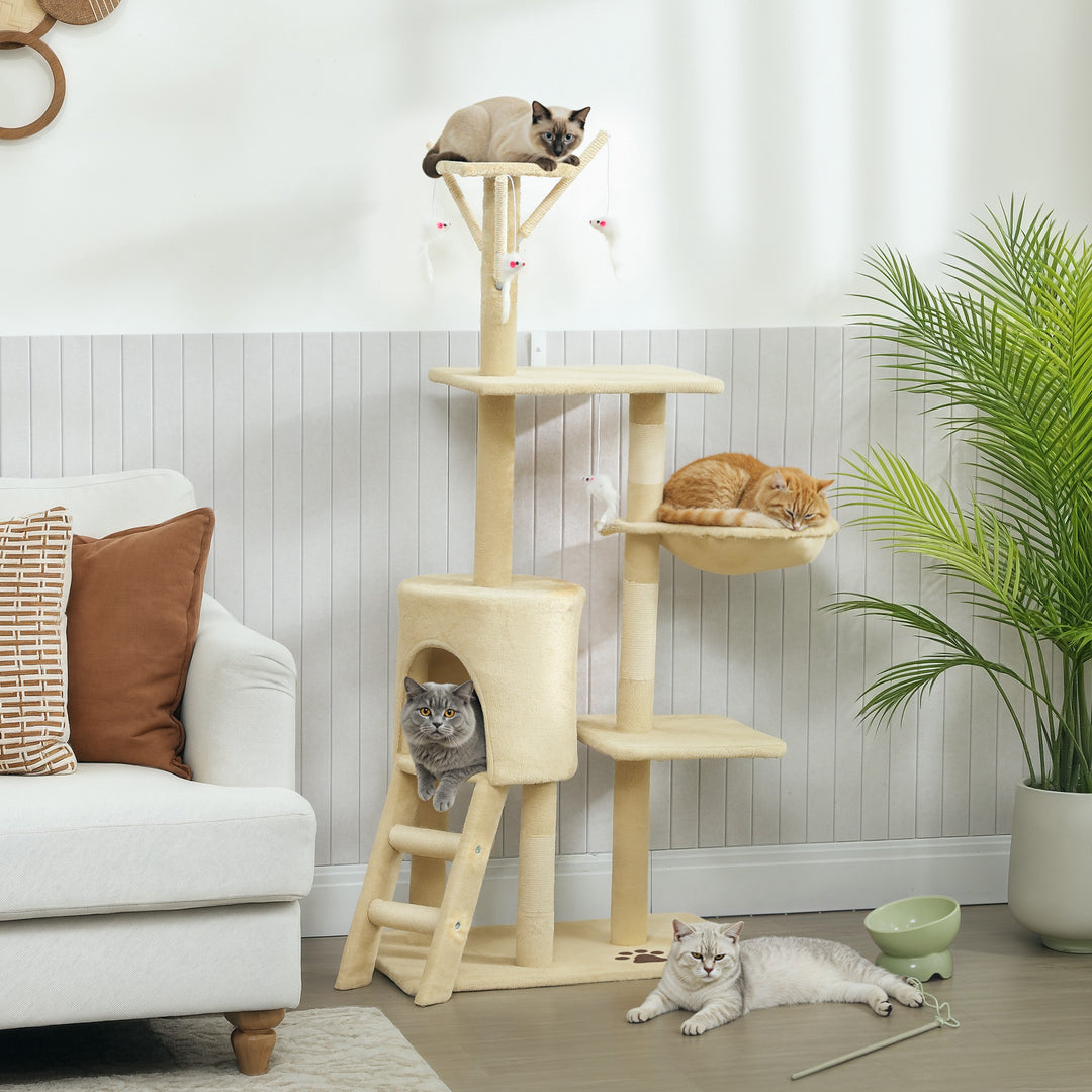 Kradsetræ med hule, 4 legetøj, sisalstolper, stor platform, trappe, til katte under 5 kg, beige