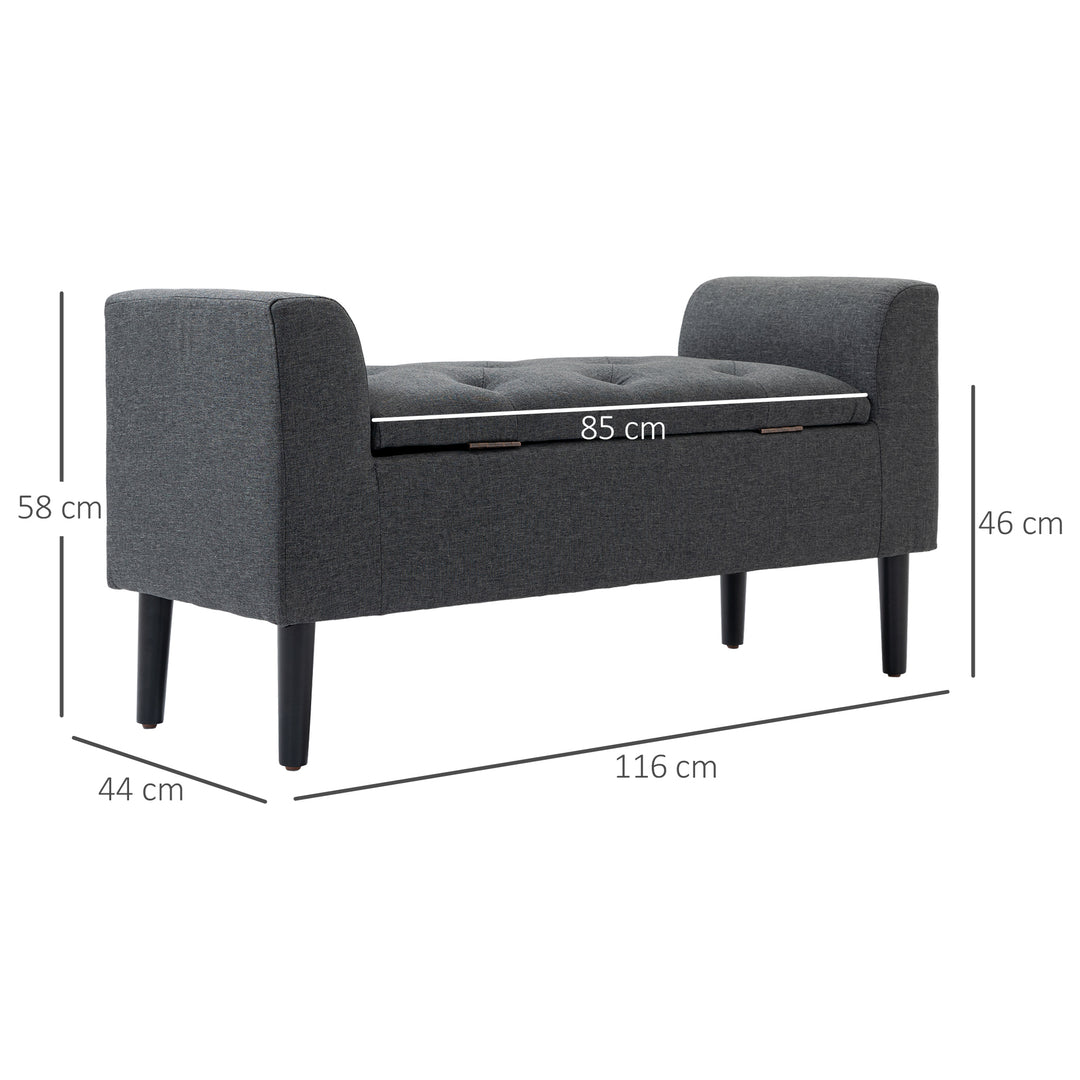 Bænk med opbevaringsplads, polstret bænk med linnedlook, træben, sengebænk, bæreevne op til 130 kg, til stue, soveværelse, entre, 116 x 44 x 58 cm mørkegrå