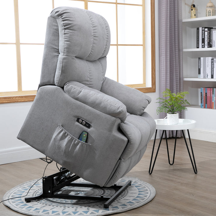 Lænestol med ståstøtte, massagestol, afslappende stol med usb-port, tv-stol med fjernbetjening, sidelomme, lænestol med fløjlslook, grå
