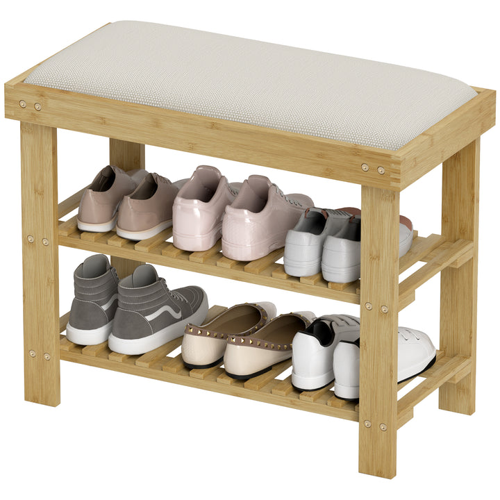 Skobænk med sæde, bambusbænk med opbevaring, 2 åbne rum, bænk 60 x 29 x 49 cm cremehvid