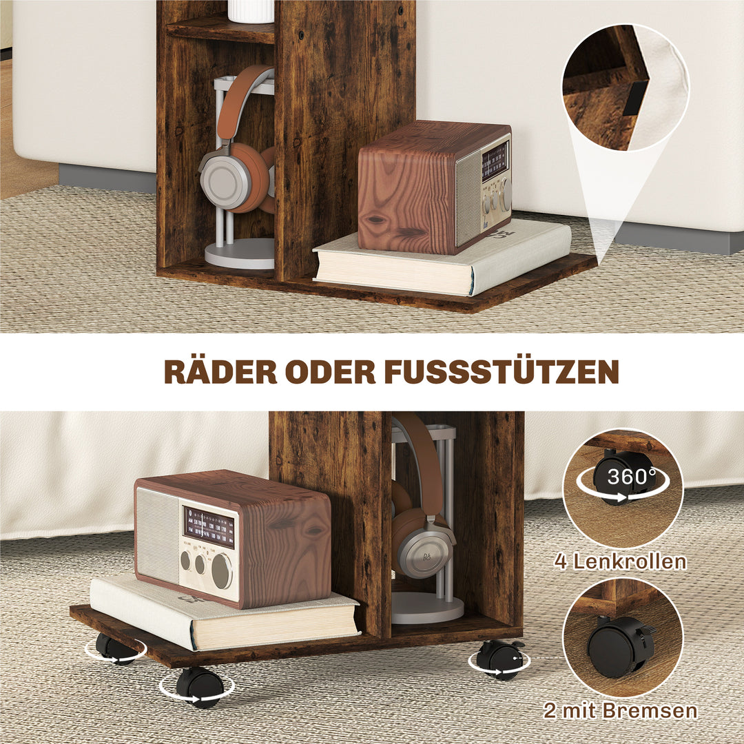 Sidebord, C-formet serveringsvogn, 4 hjul, 3 rum, 40 x 30 x 69 cm, rustik brun