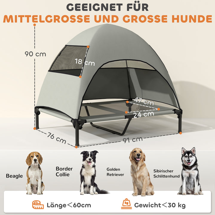 Udendørs hundeseng med tag, hævet hundeseng til store hunde, 91 x 76 x 90 cm, lysegrå
