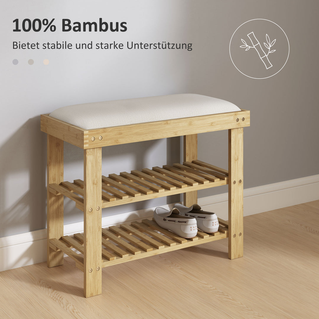 Skobænk med sæde, bambusbænk med opbevaring, 2 åbne rum, bænk 60 x 29 x 49 cm cremehvid
