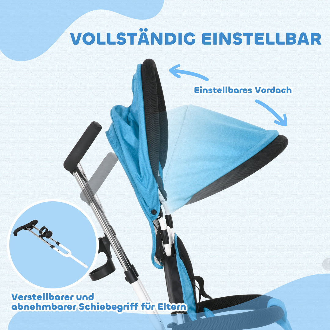 6-I-1 børnetrecykel med skubbehåndtag, kaleche, sele, opbevaringskurv, til 1-5 år, blå