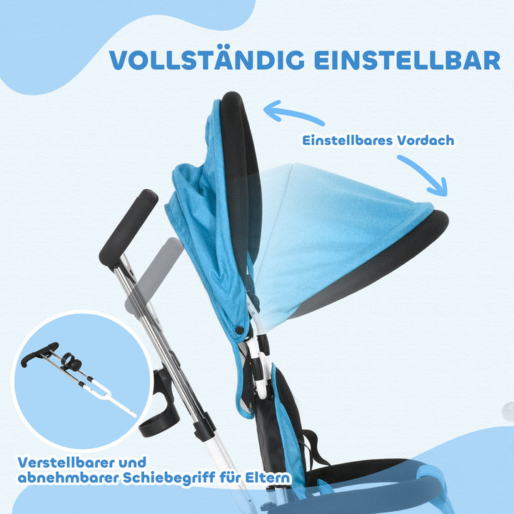 6-I-1 børnetrecykel med skubbehåndtag, kaleche, sele, opbevaringskurv, til 1-5 år, blå