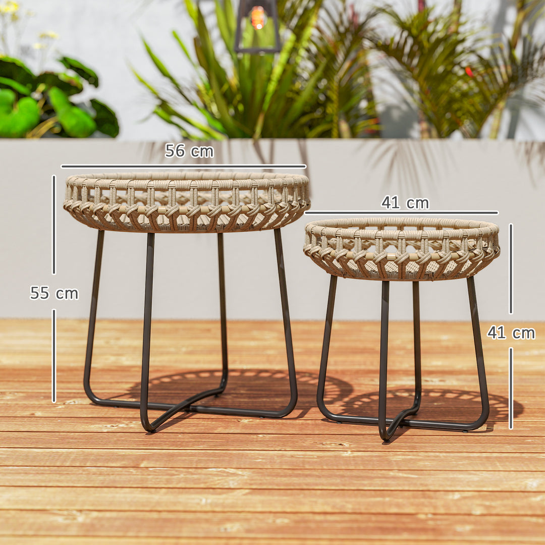 Sæt med 2 sideborde i polyrattan 60/41 cm rundt, vejrbestandigt havebord med x-ben, justerbare fodpuder, brun