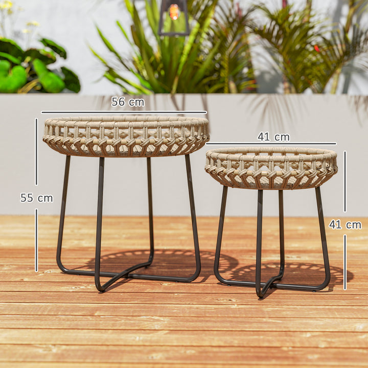 Sæt med 2 sideborde i polyrattan 60/41 cm rundt, vejrbestandigt havebord med x-ben, justerbare fodpuder, brun