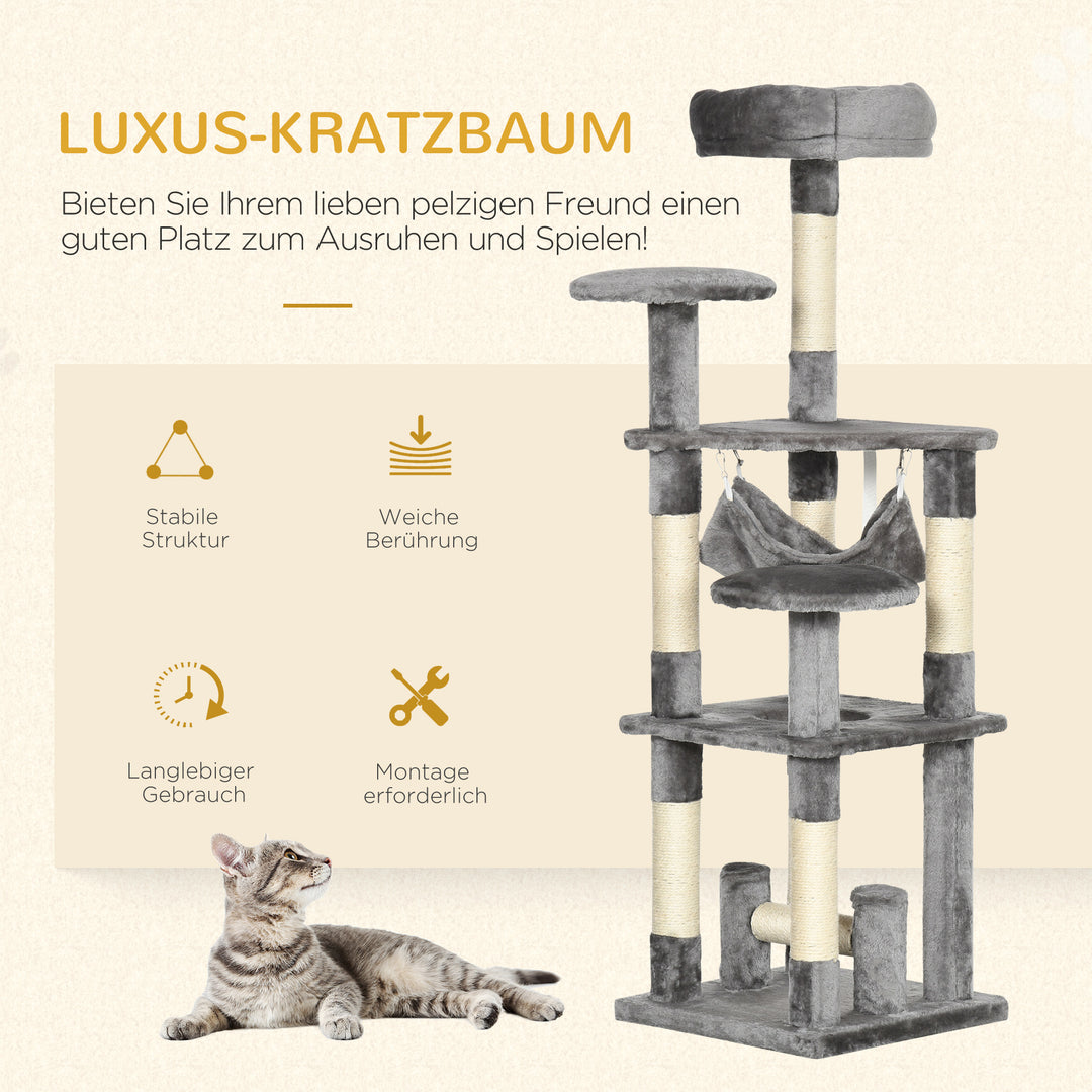 Kradsetræ til katte, legetårn til katte, klatretræ til katte, kradsetræ til hængekøje, grå l40 x b40 x h132 cm
