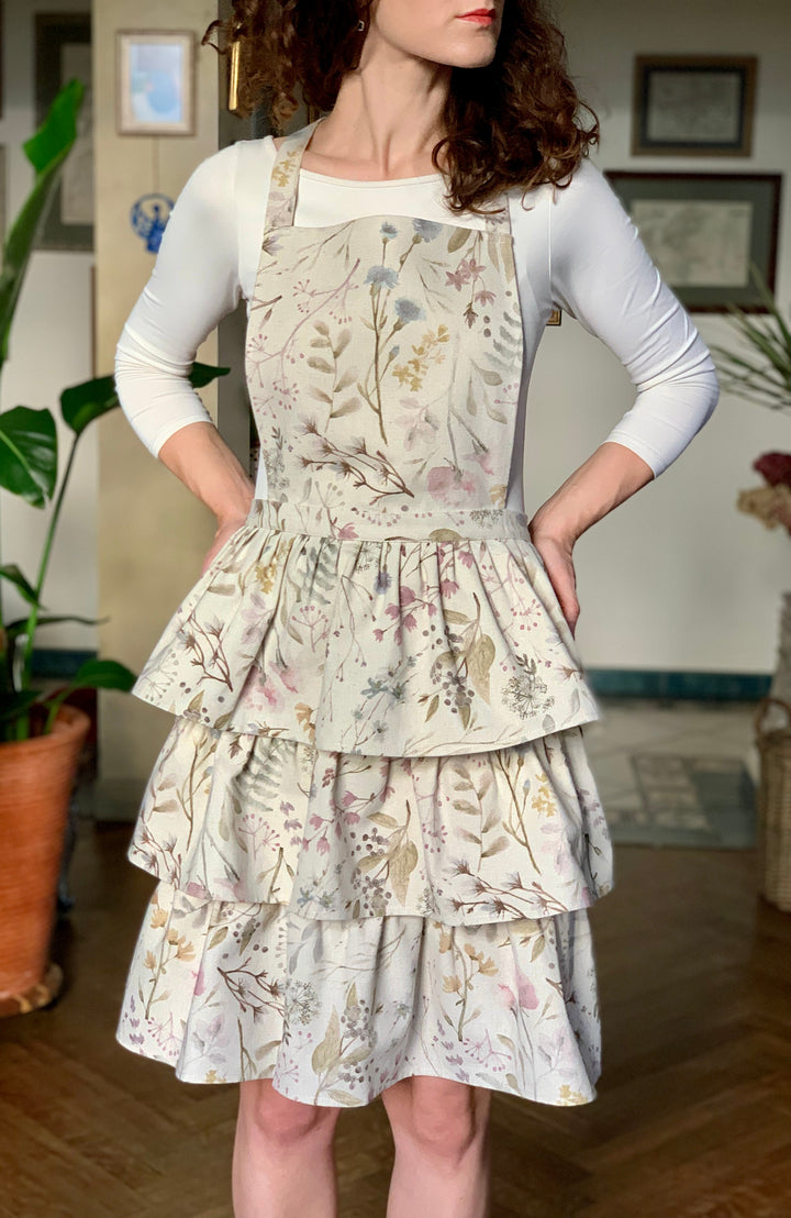 Flæseforklæde til kvinder i bomuld-hør-mix, printet, Aitana kollektion