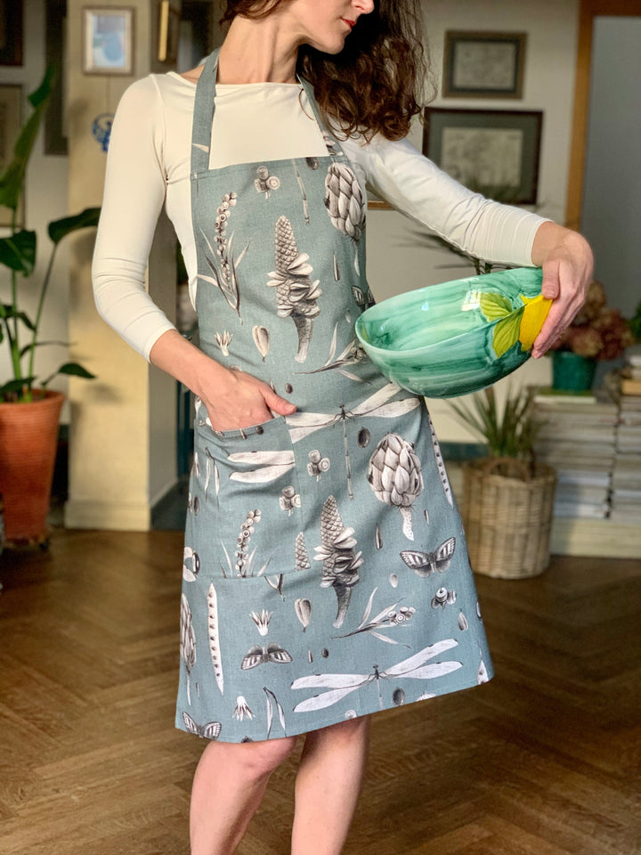 Dameforklæde med enkelt design, str. S-L, 100% bomuld, printet, Seeds Aqua kollektion