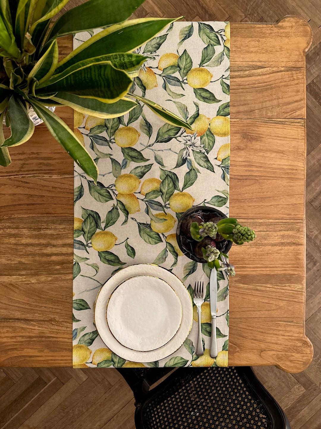 Enkel bordløber, hør-bomuldsblanding, printet, Lemon Linen kollektion