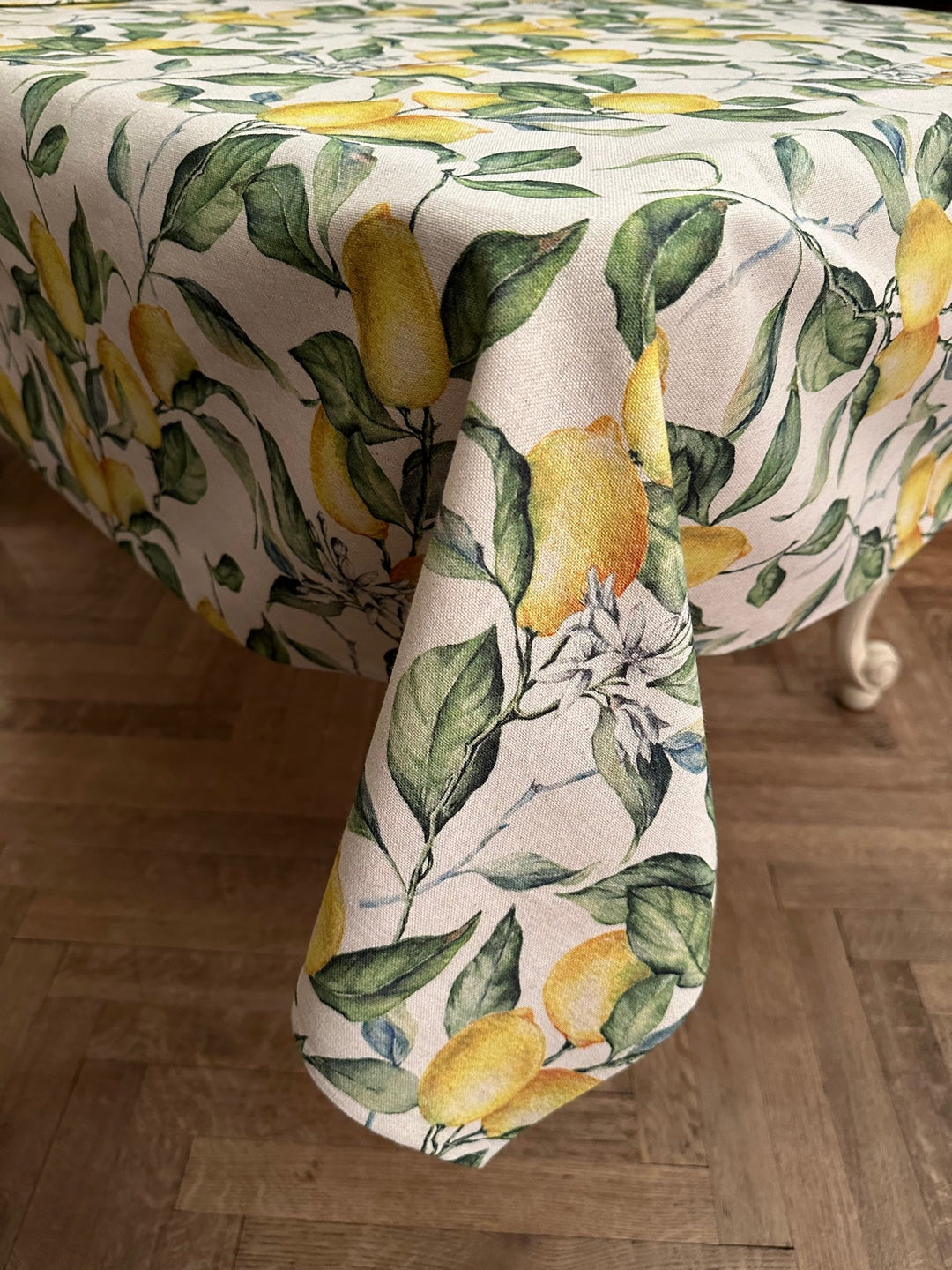 Firkantet/rektangulær dug i hør-bomulds-mix, printet, Lemon Linen kollektion