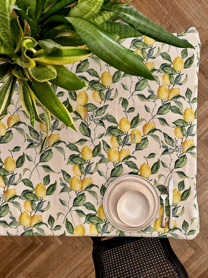 Firkantet/rektangulær dug i hør-bomulds-mix, printet, Lemon Linen kollektion
