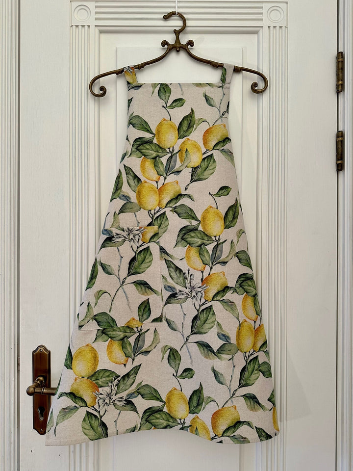 Enkelt dameforklæde, str. S-L, 90% bomuld og 10% hør, printet, Lemon Linen kollektion