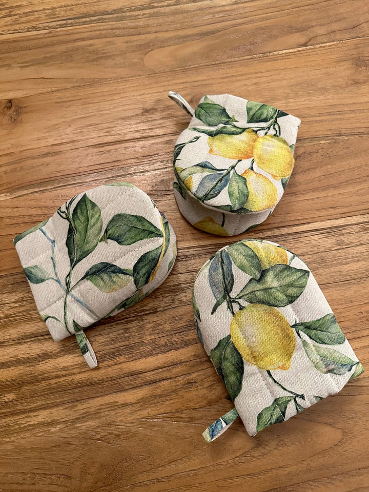 Lille ovnhandske med dobbelt uldfyld, i bomuld og hør, Lemon Linen kollektion