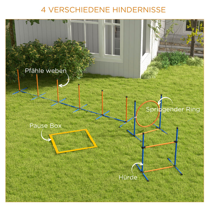 Hundeagilitysæt, forhindringsbane til hunde, 1 dæk, 1 hækkeløb, 1 slalomsæt, 352 cm x 66 cm x 69 cm, blå + rød