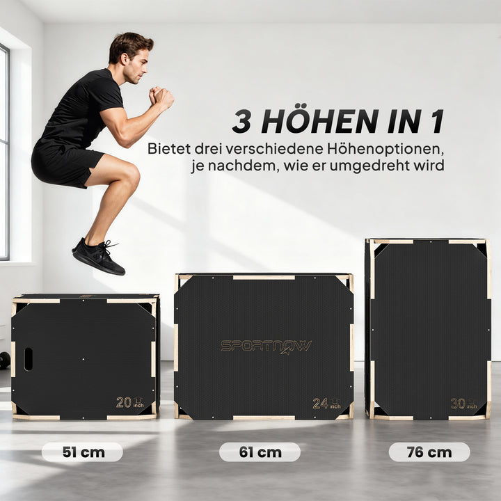 3-i-1 Plyo Box, hoppeboks med håndtagsåbninger, til hjemmefitness og udendørs træning, 3 hoppehøjder, træ, sort