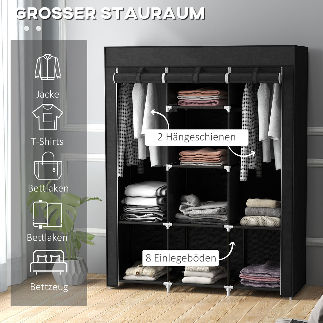 Stofgarderobe, opbevaringsløsning, 8 hylder, 2 garderobestativer, sort