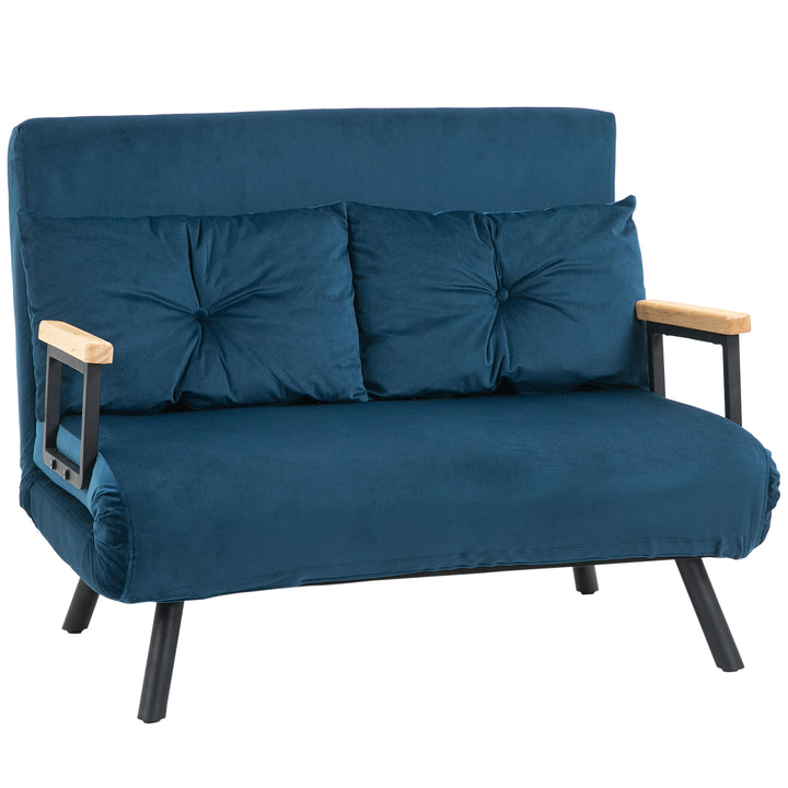 2-Personers sovesofa med fløjlsbetræk, sovefunktion, inklusive 2 puder, fløjlslook, natur + blå