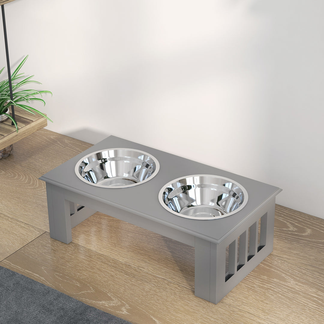Foderstation til hunde, skridsikker, 44x24x15cm, grå, 0,9l pr. skål