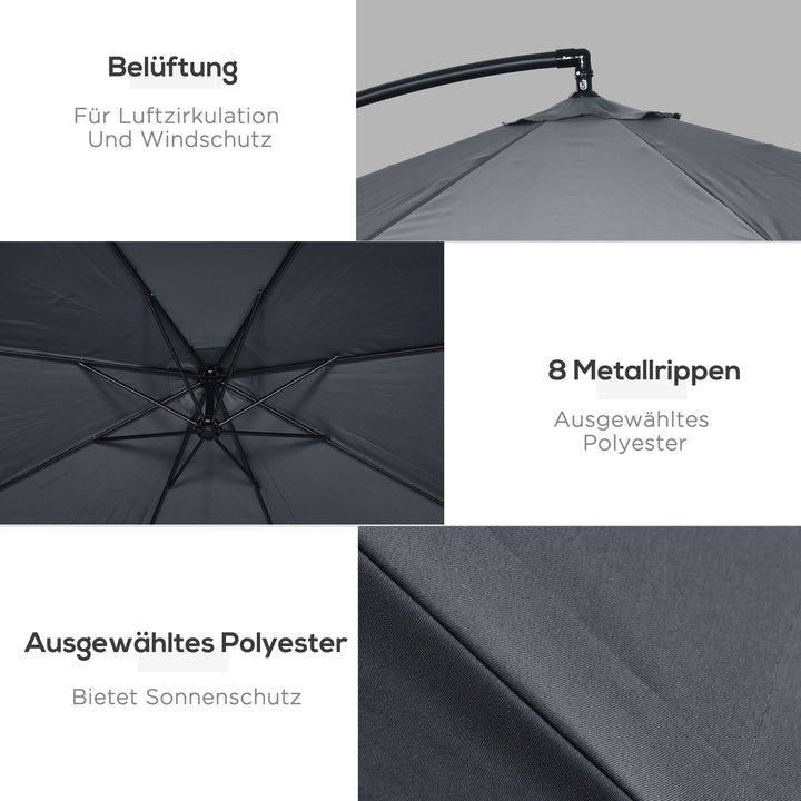 Fritstående parasol Ø3m, drejelig, håndsving, rustfrit stål, polyester, mørkegrå/sort