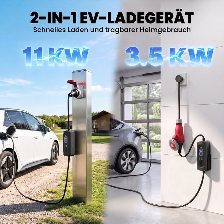 Mobil vægboks 11kW 8m Type 2 CEE 6-16A til Type 2 IP65 til elbiler med hybridladning