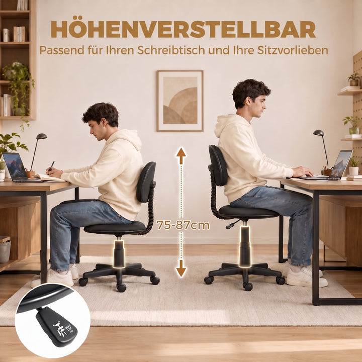 Kontorstol uden armlæn, højdejusterbar, med 360° drejelige hjul, lav ryglæn, sort