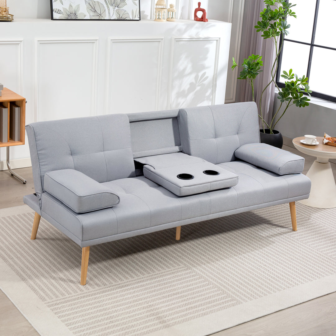 Sovesofa, 3-personers sofa, sovesofa med klapbord, kopholder, sovesofa med linnedlook, gæsteseng til stuen, lysegrå