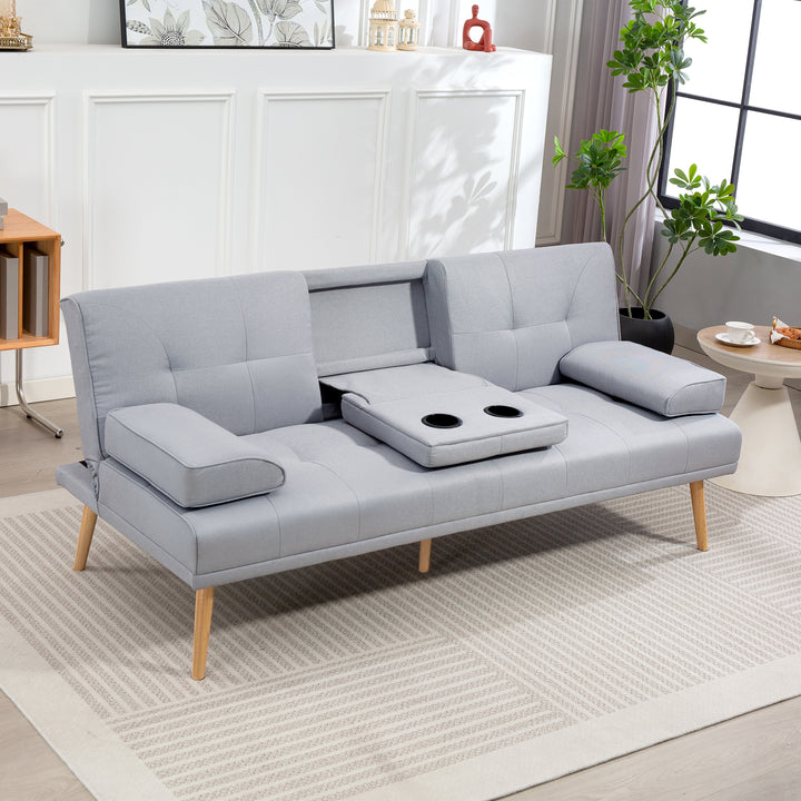 Sovesofa, 3-personers sofa, sovesofa med klapbord, kopholder, sovesofa med linnedlook, gæsteseng til stuen, lysegrå