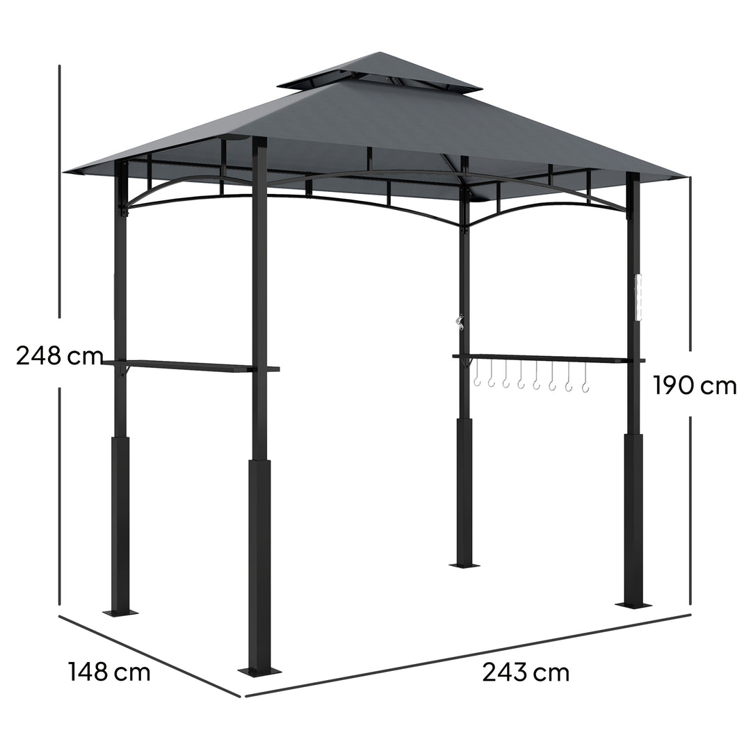 Grillpavillon, havegrilltelt med krydderirækker, LED-belysning, metal, plastik, 243L x 148B x 248H cm, grå