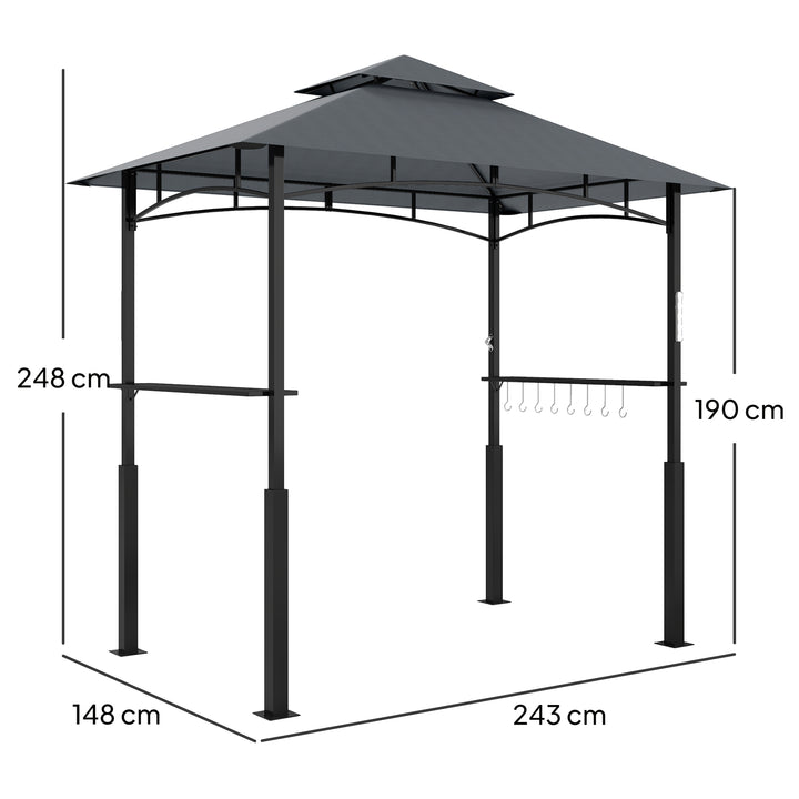 Grillpavillon, havegrilltelt med krydderirækker, LED-belysning, metal, plastik, 243L x 148B x 248H cm, grå