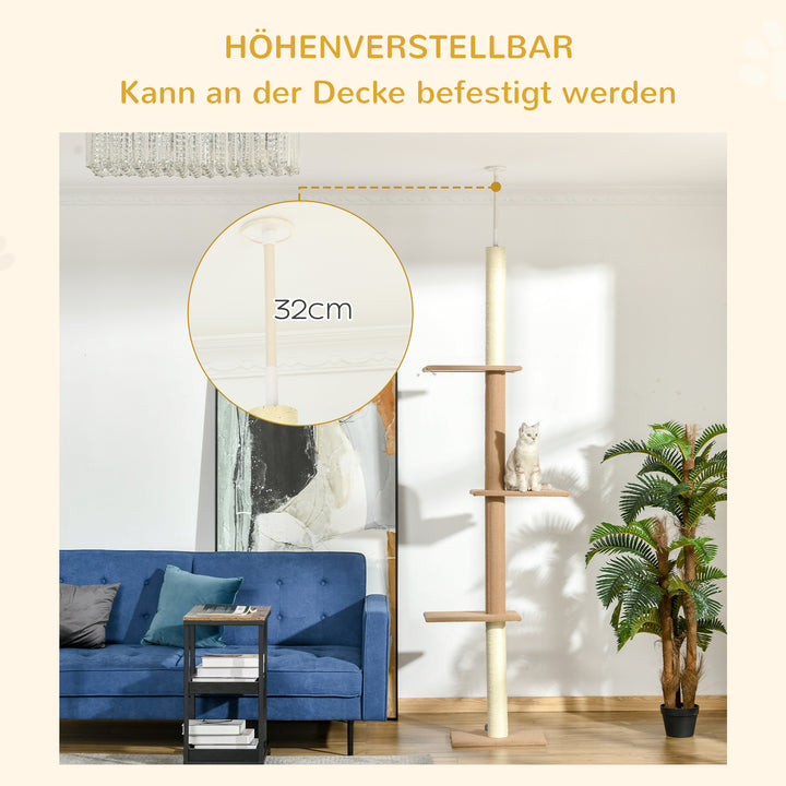 Kradsetræ med loftshøjde, 228-260 cm højdejusterbart kradsetræ, klatretræ til katte med 3 niveauer, kradsetræ til katte, legetræ fra gulv til loft, khaki
