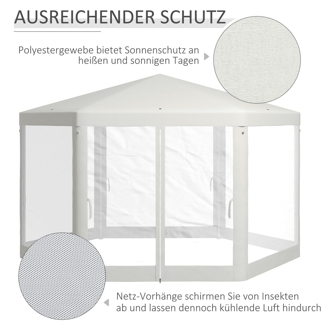 Havepavillon, sekskantet, netgardiner, metalramme, 3,94 x 3,412 x 2,5 m, cremefarvet