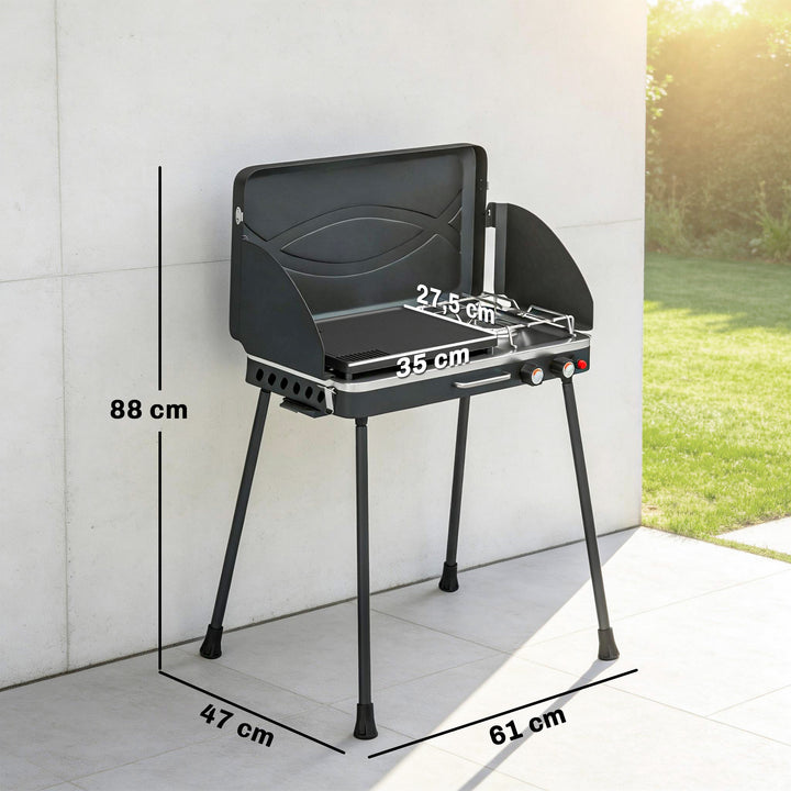 Bærbar gasgrill, 2 brændere, 7 kW, 2-i-1 bordgrill med stegefunktion, foldbare ben, grillrist, vindskærm, låg og låsemekanisme.