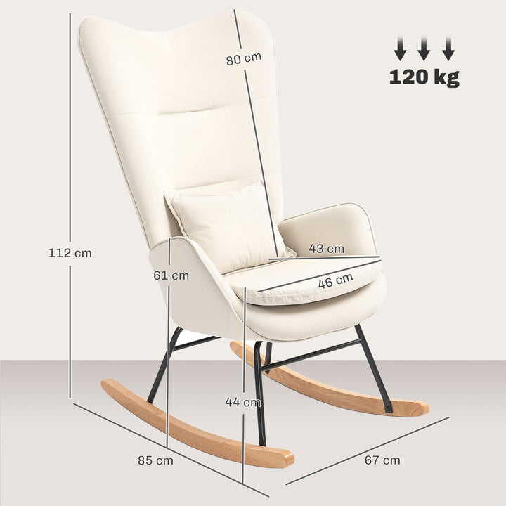 Gyngestol, blødt fløjlsbetræk med lændehynde, bæreevne op til 120 kg, 67 x 85 x 112 cm, cremehvid