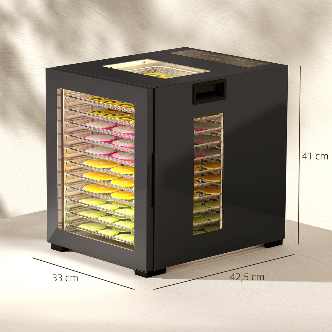 Mad-dehydrator, 850 w, 40-70°c temperaturkontrol, 48-timers timer, 12 bakker, rustfrit stål, sort