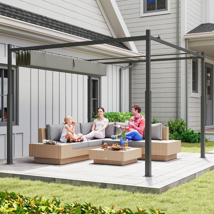 Pergola ca. 3x3 m, fritstående terrasseoverdækning med skydetag, magnetisk pude, 8 cm søjle, UV-bestandig