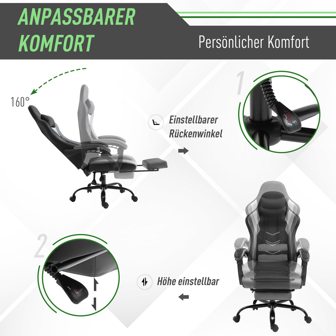 Ergonomisk gamingstol, kontorstol, skrivebordsstol, drejestol, højdejusterbar, justerbar lændehynde med fodstøtte, sort, 62 x 52 x 128 cm