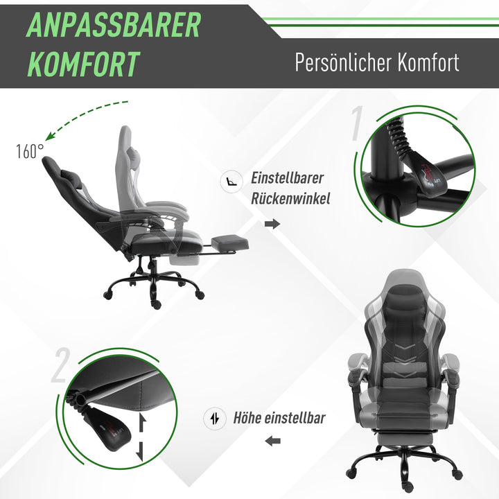 Ergonomisk gamingstol, kontorstol, skrivebordsstol, drejestol, højdejusterbar, justerbar lændehynde med fodstøtte, sort, 62 x 52 x 128 cm