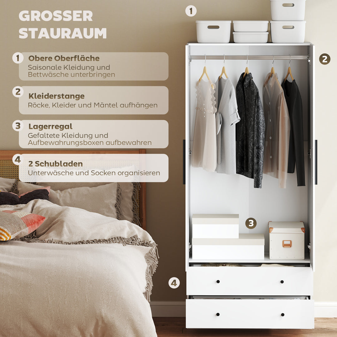 Garderobe, 2 døre, bøjleområde, bøjlestang, 2 skuffer, spånplade, hvid
