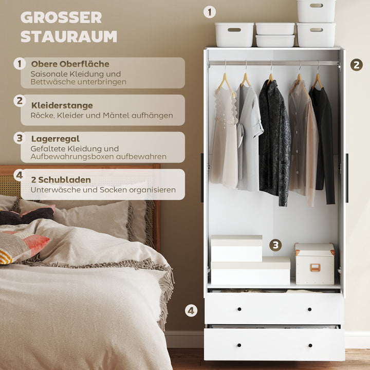 Garderobe, 2 døre, bøjleområde, bøjlestang, 2 skuffer, spånplade, hvid