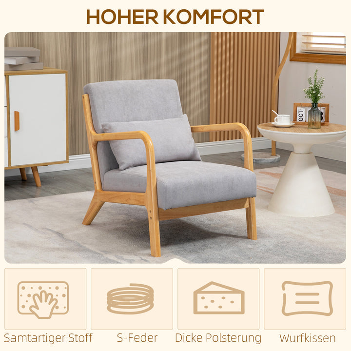 Elegant lænestol med træstel og skumpolstring, fløjlslook, til stue, soveværelse, grå