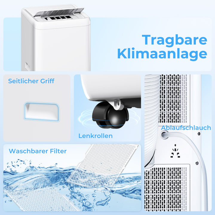 Bærbart klimaanlæg med udstødningsslange, 12000 BTU (3,5 kW), 5-i-1, 24-timers timer, fjernbetjening, op til 35 m²
