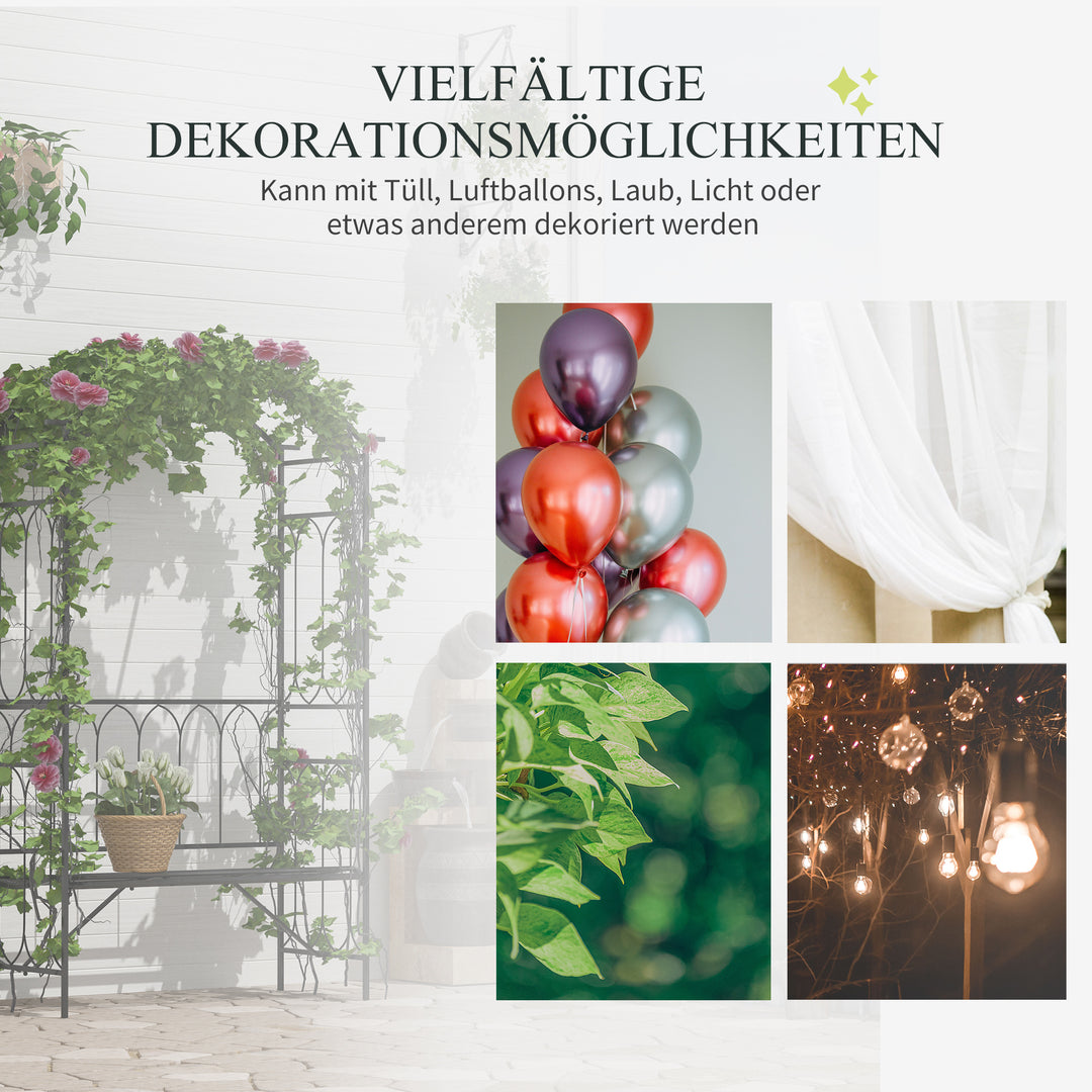 Rosenbue med bænk, rosenbænk, lysthusbænk, filosofbænk, espalier, klatrehjælp, havebænk, metal, sort, 115 x 50 x 203 cm