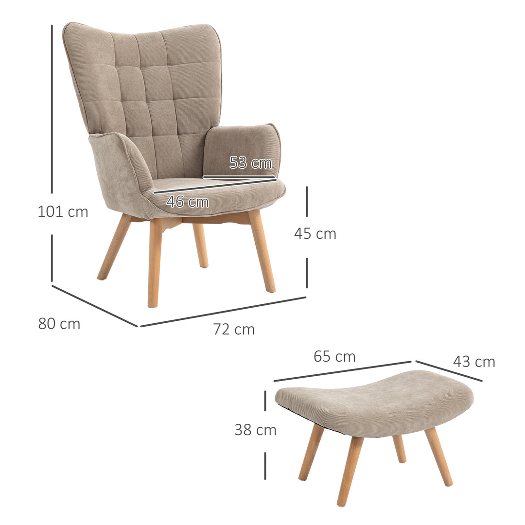Accentstol med skammel, corduroy-lænestol, lænestol med træben, til stue, lysebrun
