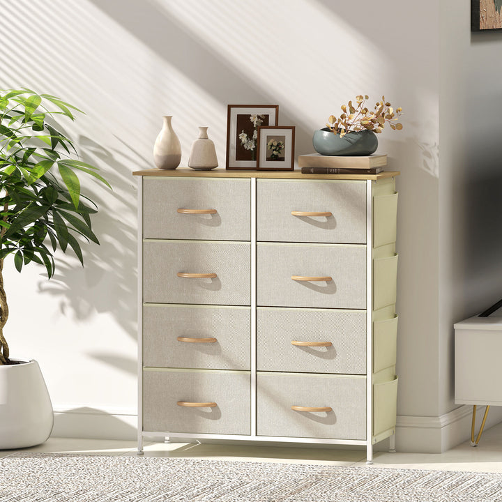 Kommode til soveværelset med 8 stofskuffer, stålstøtter, træfinish, 4 opbevaringslommer, 2 kroge, beige